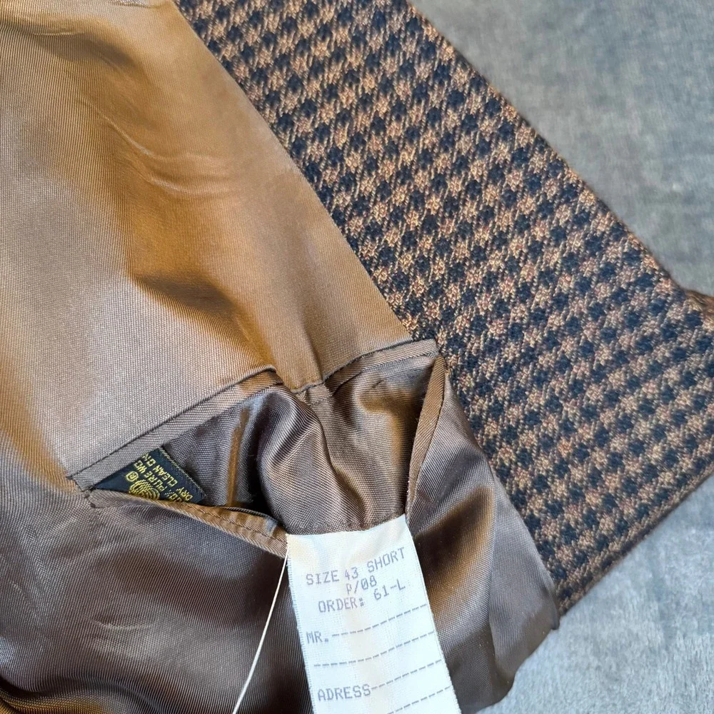 Bill Blass Classics Blazer Mens 43 Short Brown Wool Houndstooth Two Button